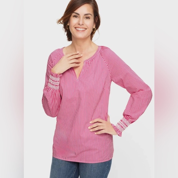 New TALBOTS Butterfly Pink White Stripe Blouse Top Shirt Popover Smocked Raglan - Picture 1 of 10
